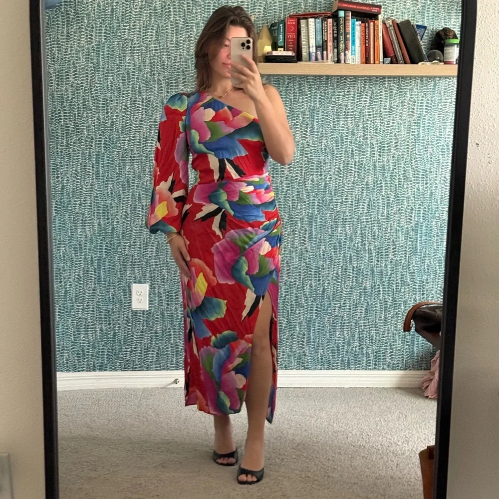 Farm Rio One-Shoulder Slim Floral Red Midi Dress - Picture 5 of 5